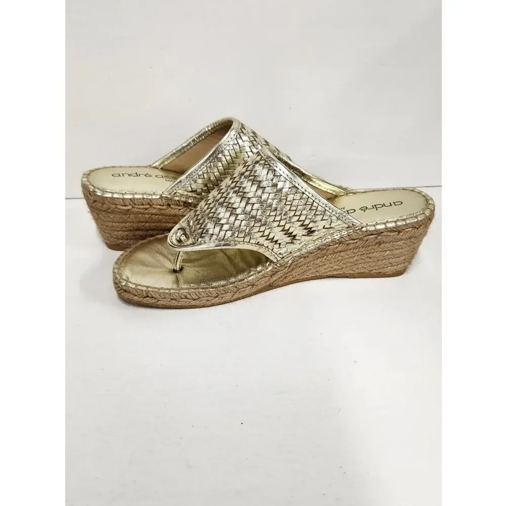 Andre Assous Boho Gold Metalic Woven Leather Wedge Espadrilles, Size 10 (41EU)